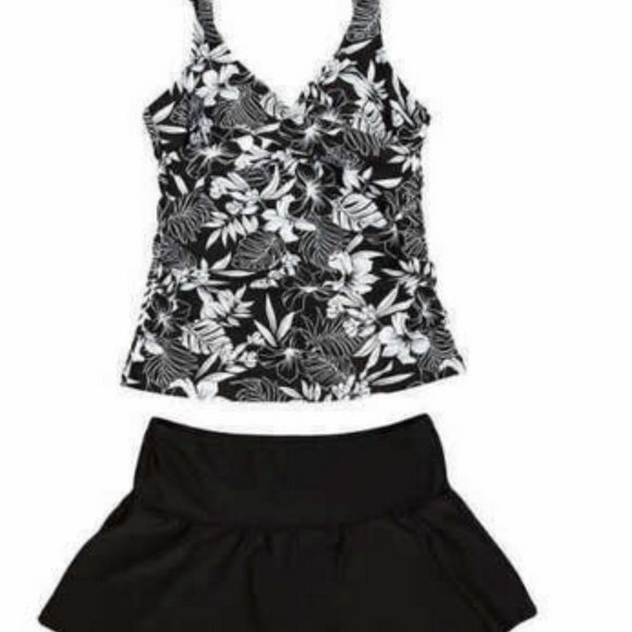 NWT Womens CHRISTINA Black White Floral Tankini Swim Black Skirt Suit - Picture 3 of 13